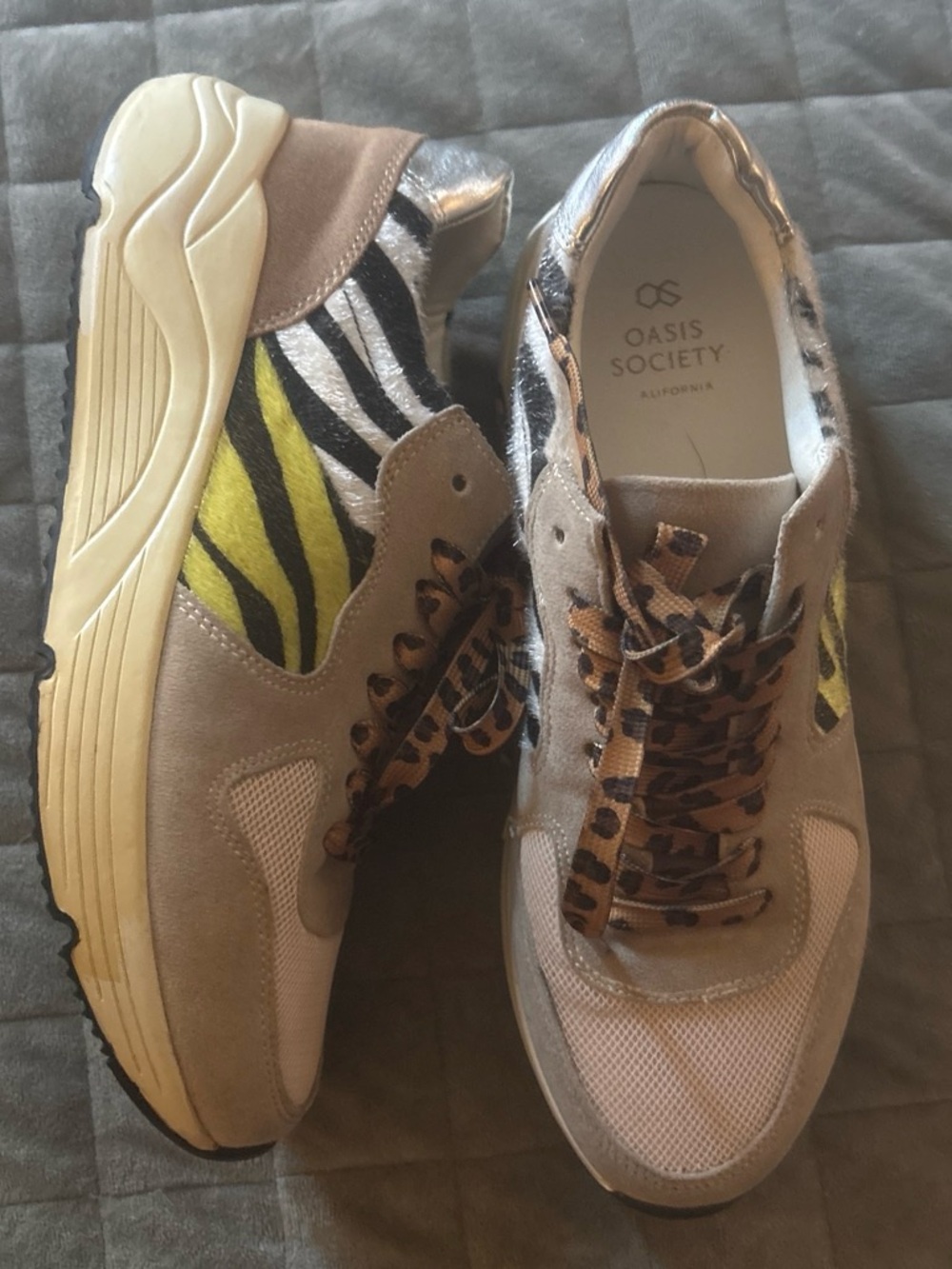 Oasis Society Women's Taupe & Yellow Zebra Accent Fashion Sneakers